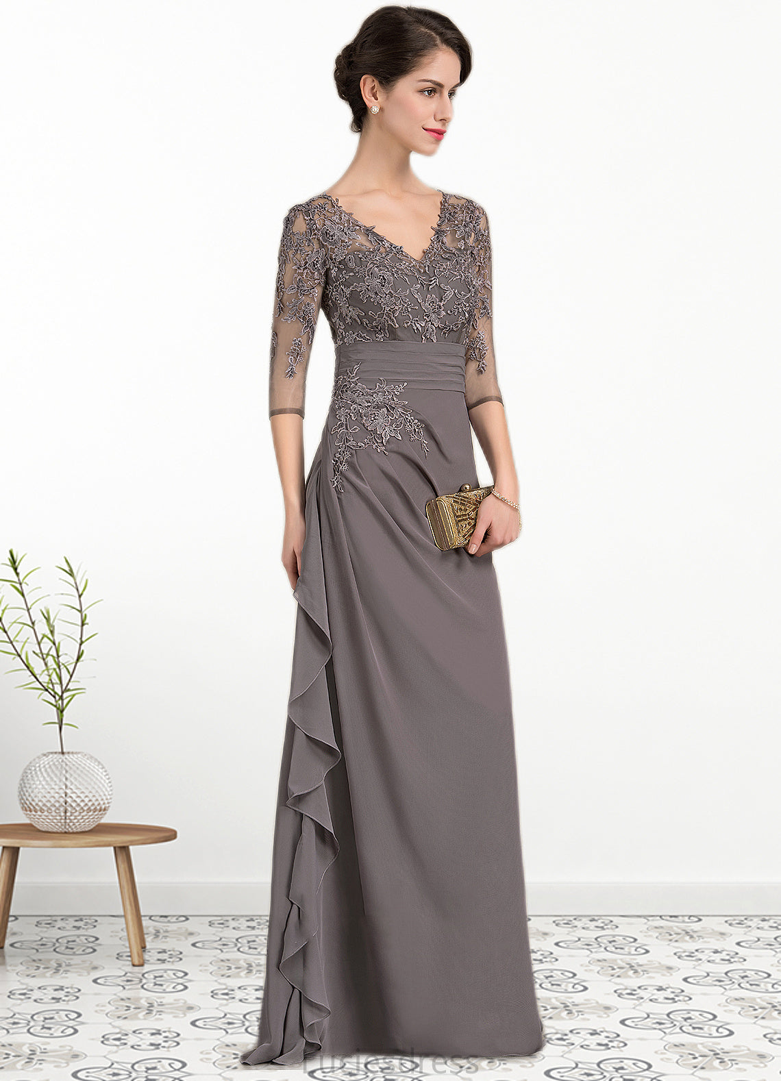 Leticia A-line V-Neck Floor-Length Chiffon Lace Mother of the Bride Dress With Cascading Ruffles HF126P0014645