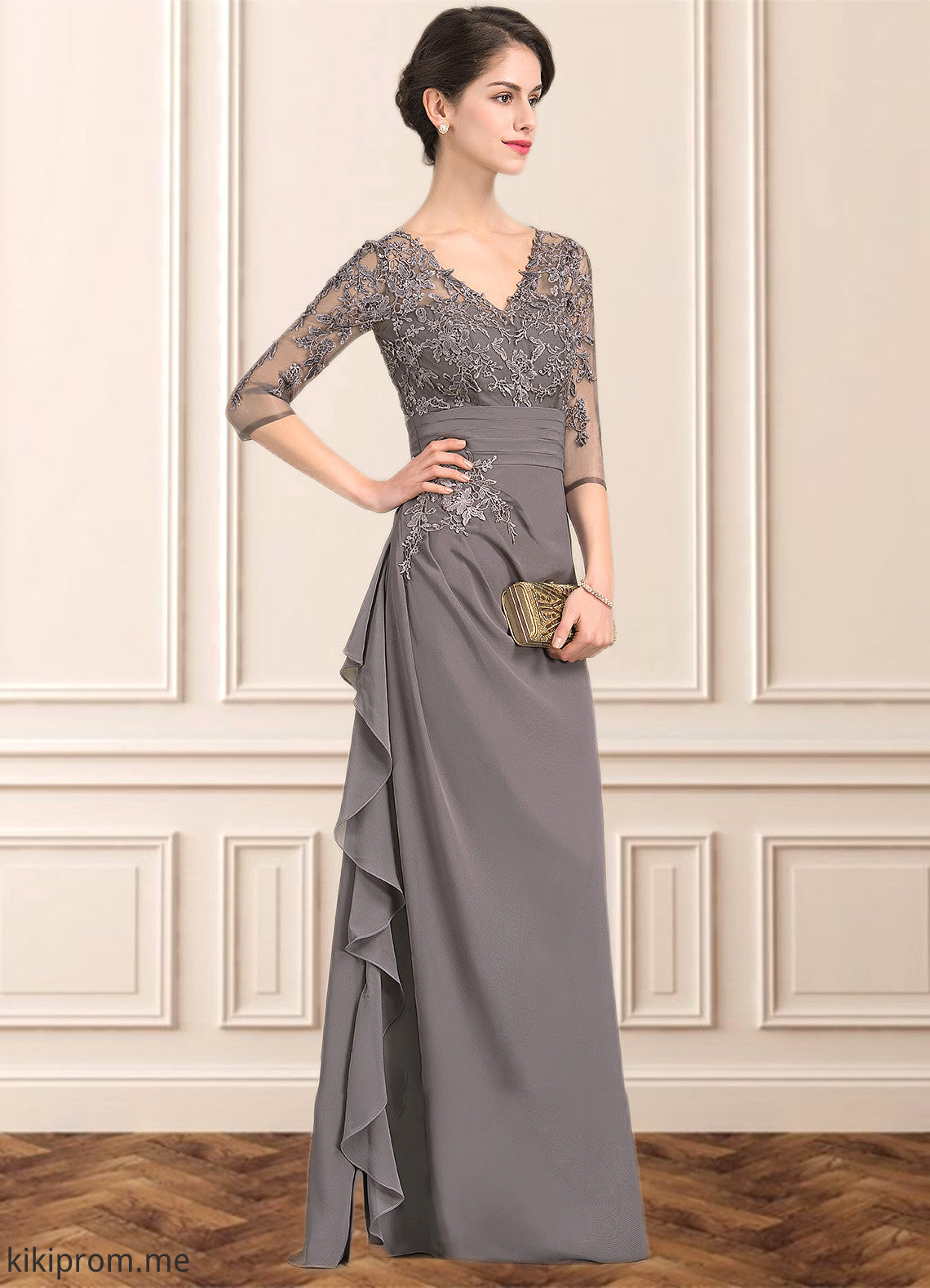 Adalynn A-line V-Neck Floor-Length Chiffon Lace Mother of the Bride Dress With Cascading Ruffles STF126P0014645