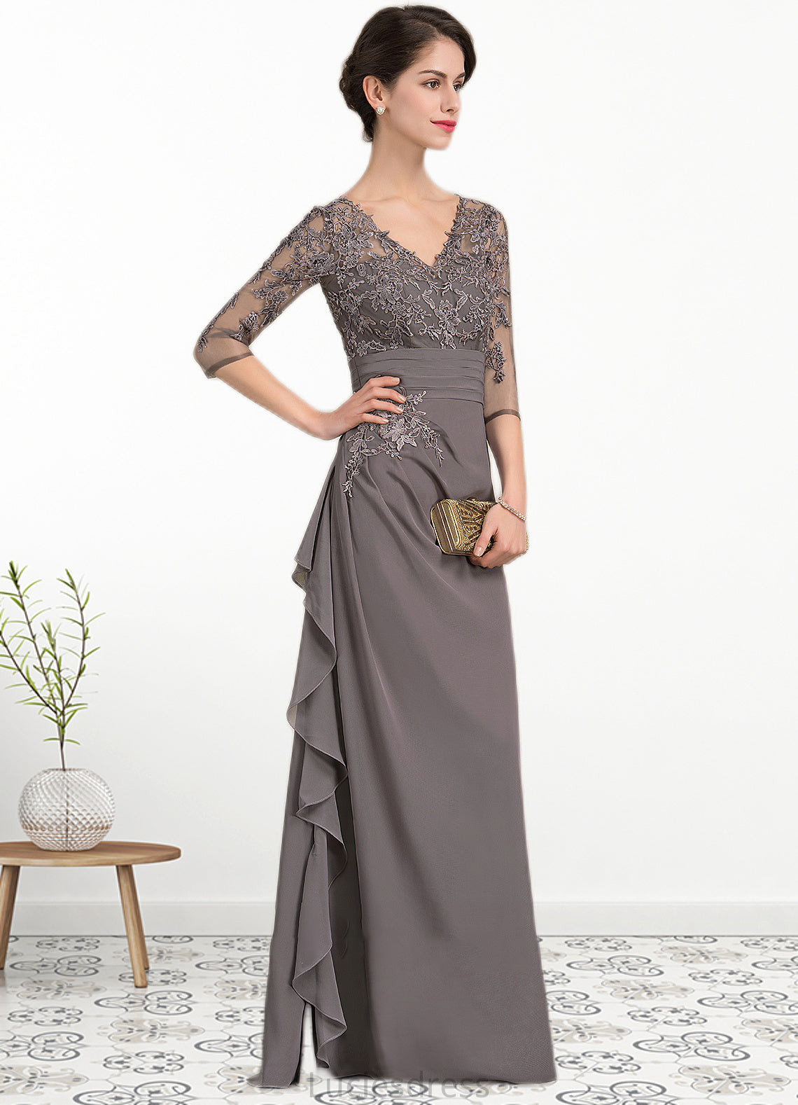 Leticia A-line V-Neck Floor-Length Chiffon Lace Mother of the Bride Dress With Cascading Ruffles HF126P0014645