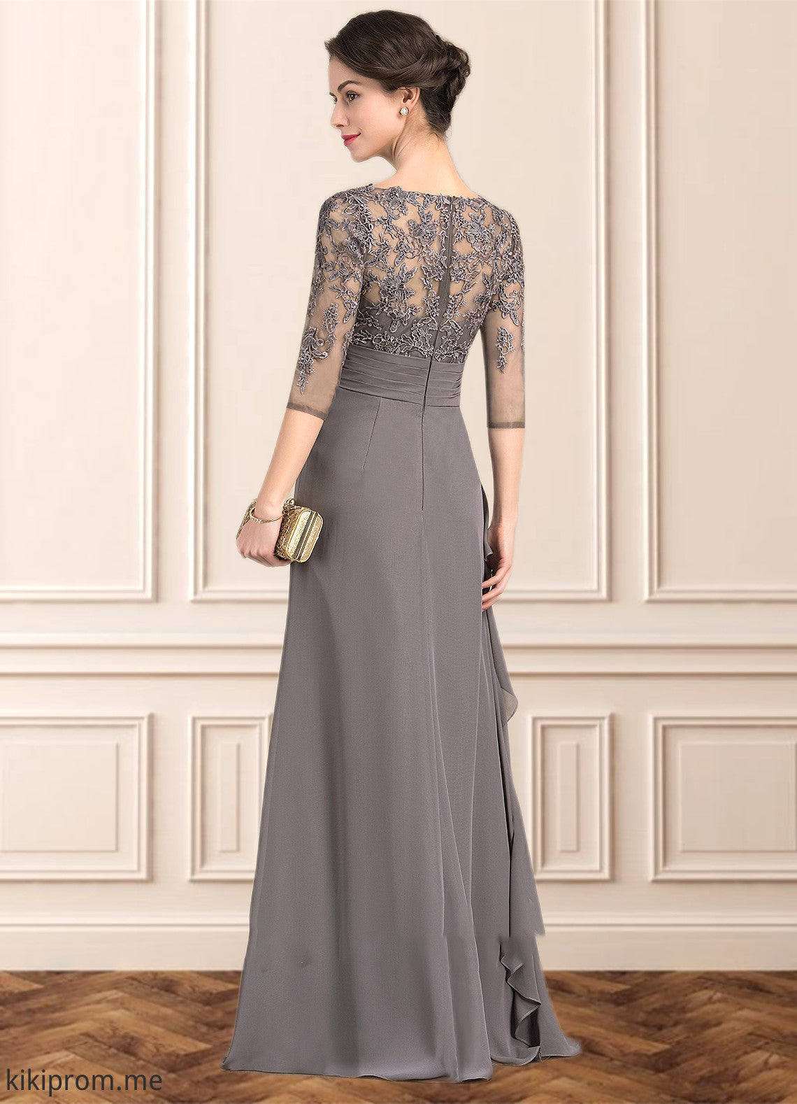 Adalynn A-line V-Neck Floor-Length Chiffon Lace Mother of the Bride Dress With Cascading Ruffles STF126P0014645