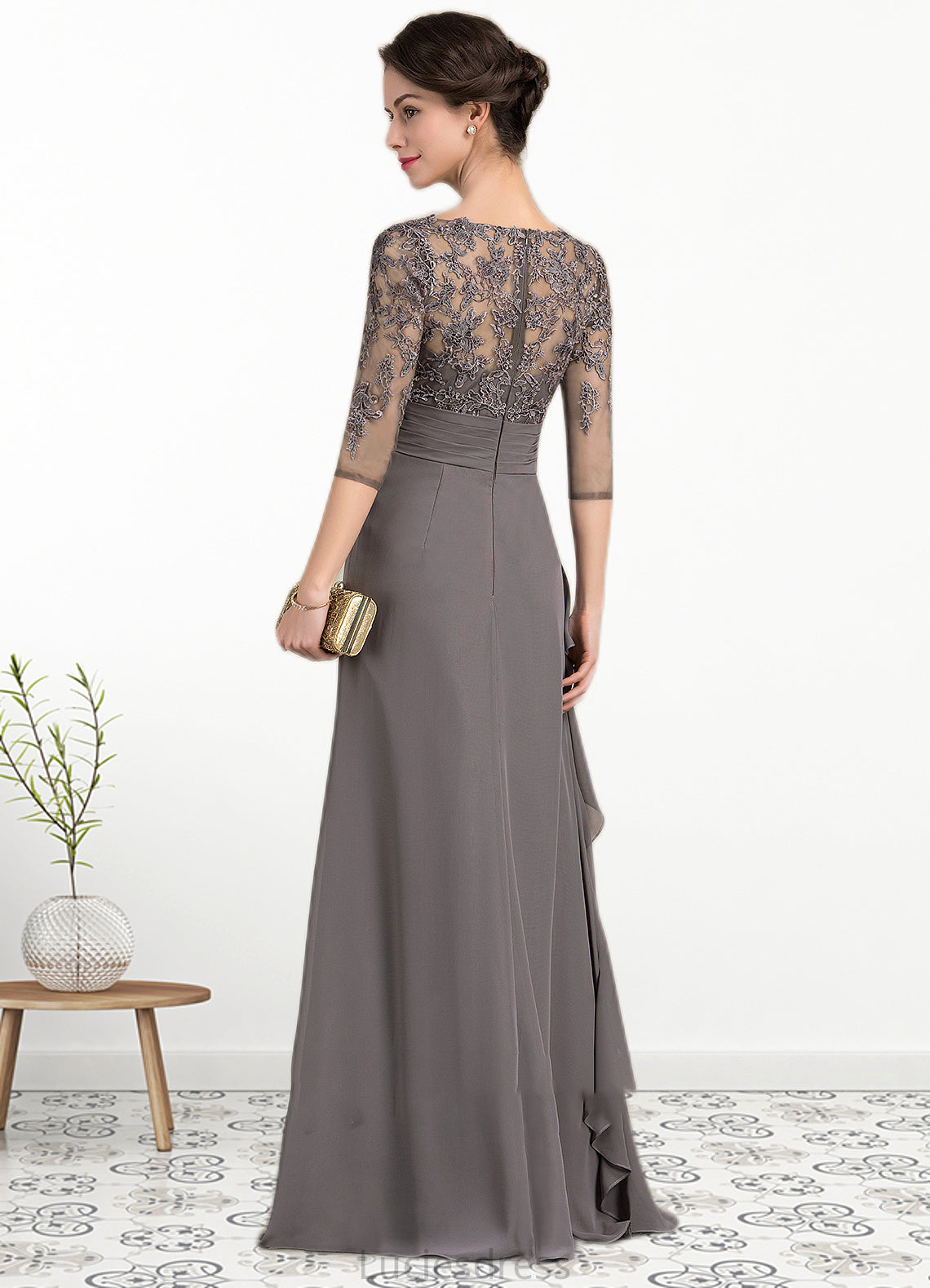 Leticia A-line V-Neck Floor-Length Chiffon Lace Mother of the Bride Dress With Cascading Ruffles HF126P0014645