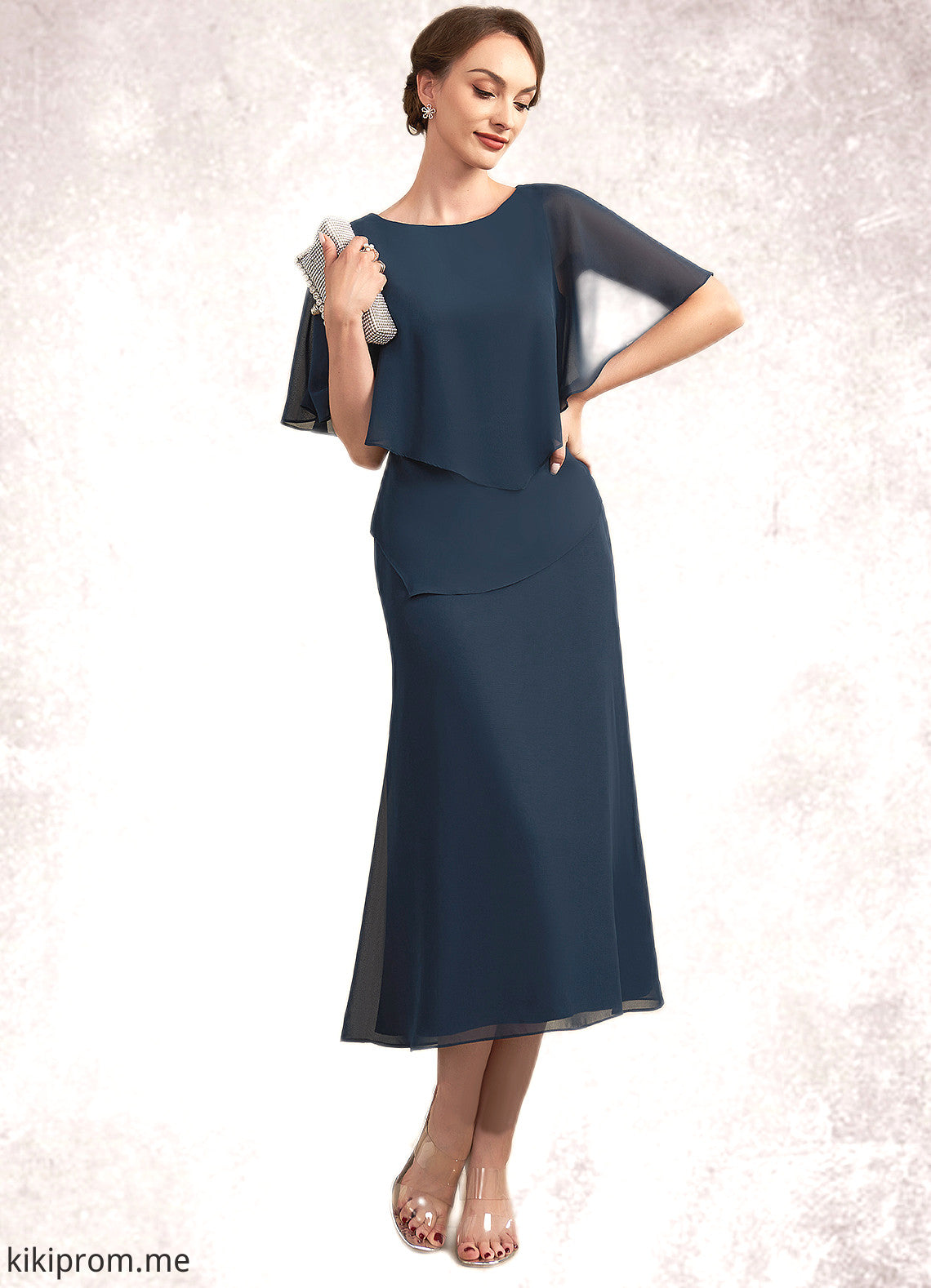 Ursula Sheath/Column Scoop Neck Tea-Length Chiffon Mother of the Bride Dress STF126P0014646