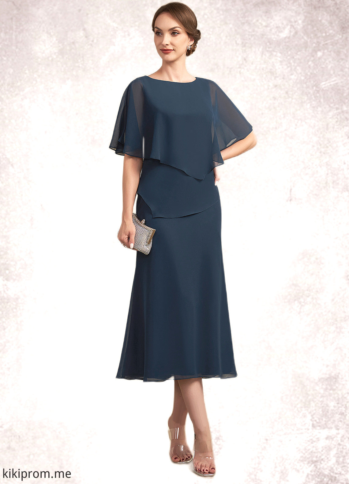 Ursula Sheath/Column Scoop Neck Tea-Length Chiffon Mother of the Bride Dress STF126P0014646