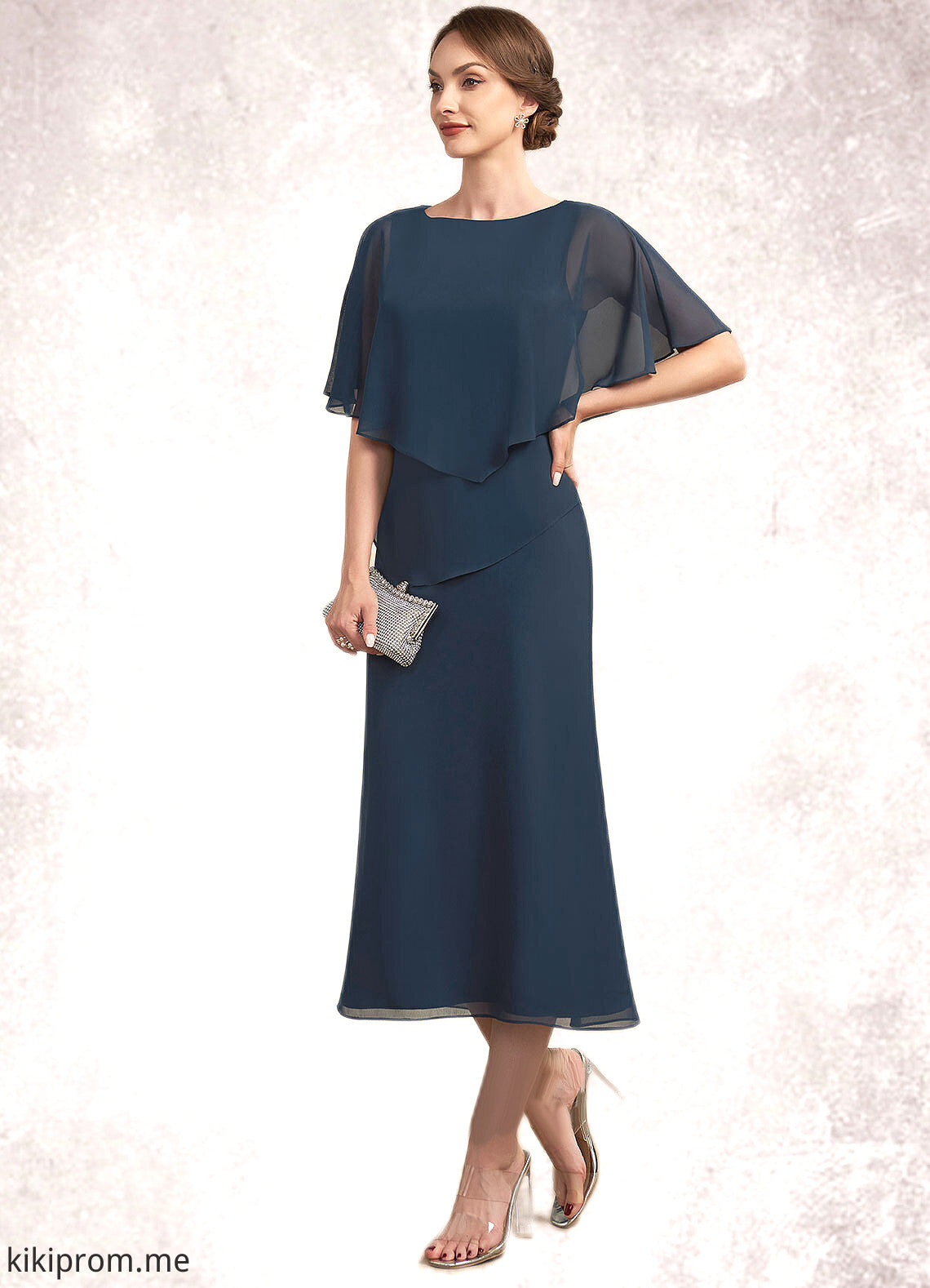 Ursula Sheath/Column Scoop Neck Tea-Length Chiffon Mother of the Bride Dress STF126P0014646