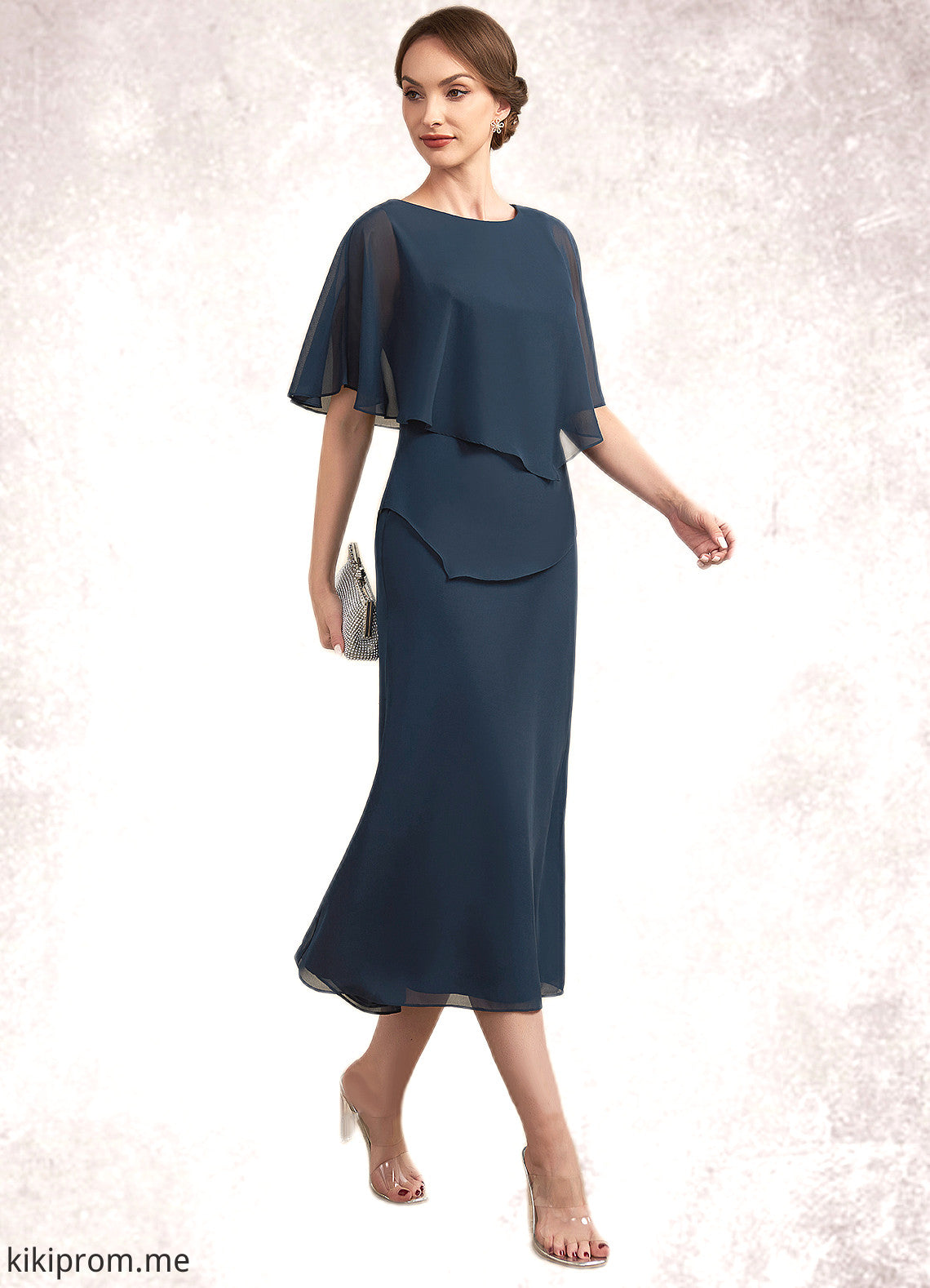 Ursula Sheath/Column Scoop Neck Tea-Length Chiffon Mother of the Bride Dress STF126P0014646