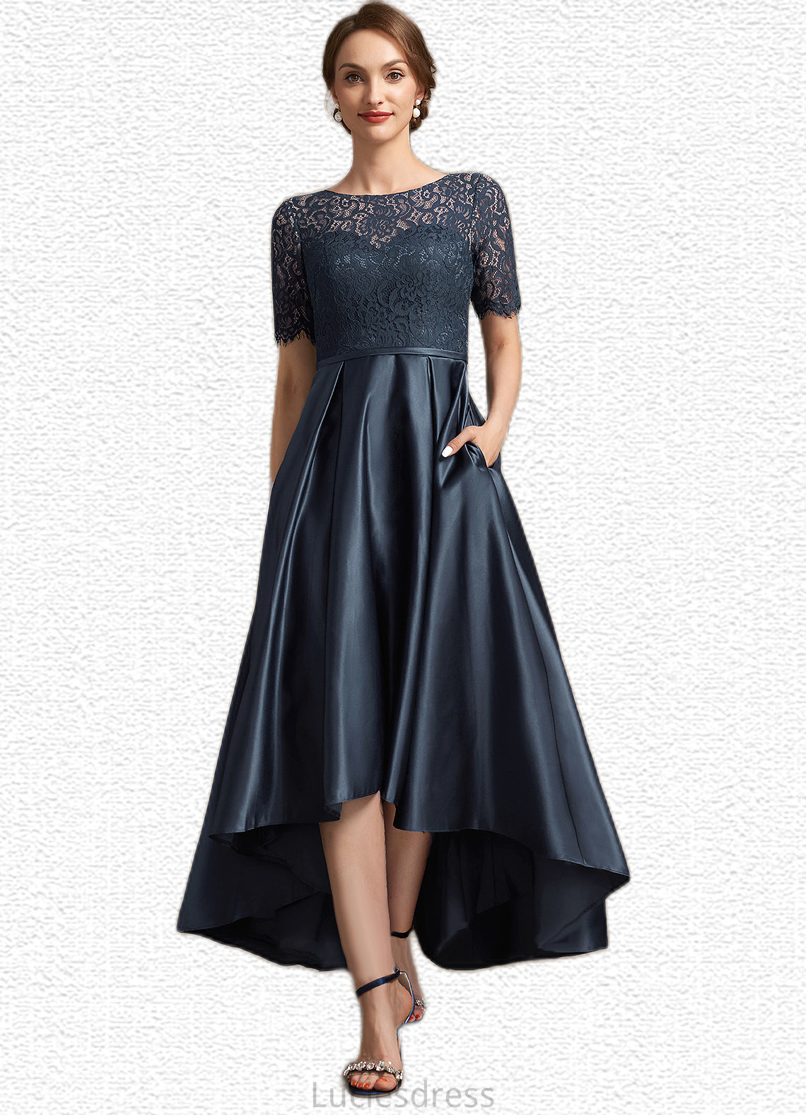 Simone A-Line Scoop Neck Asymmetrical Satin Lace Mother of the Bride Dress HF126P0014647