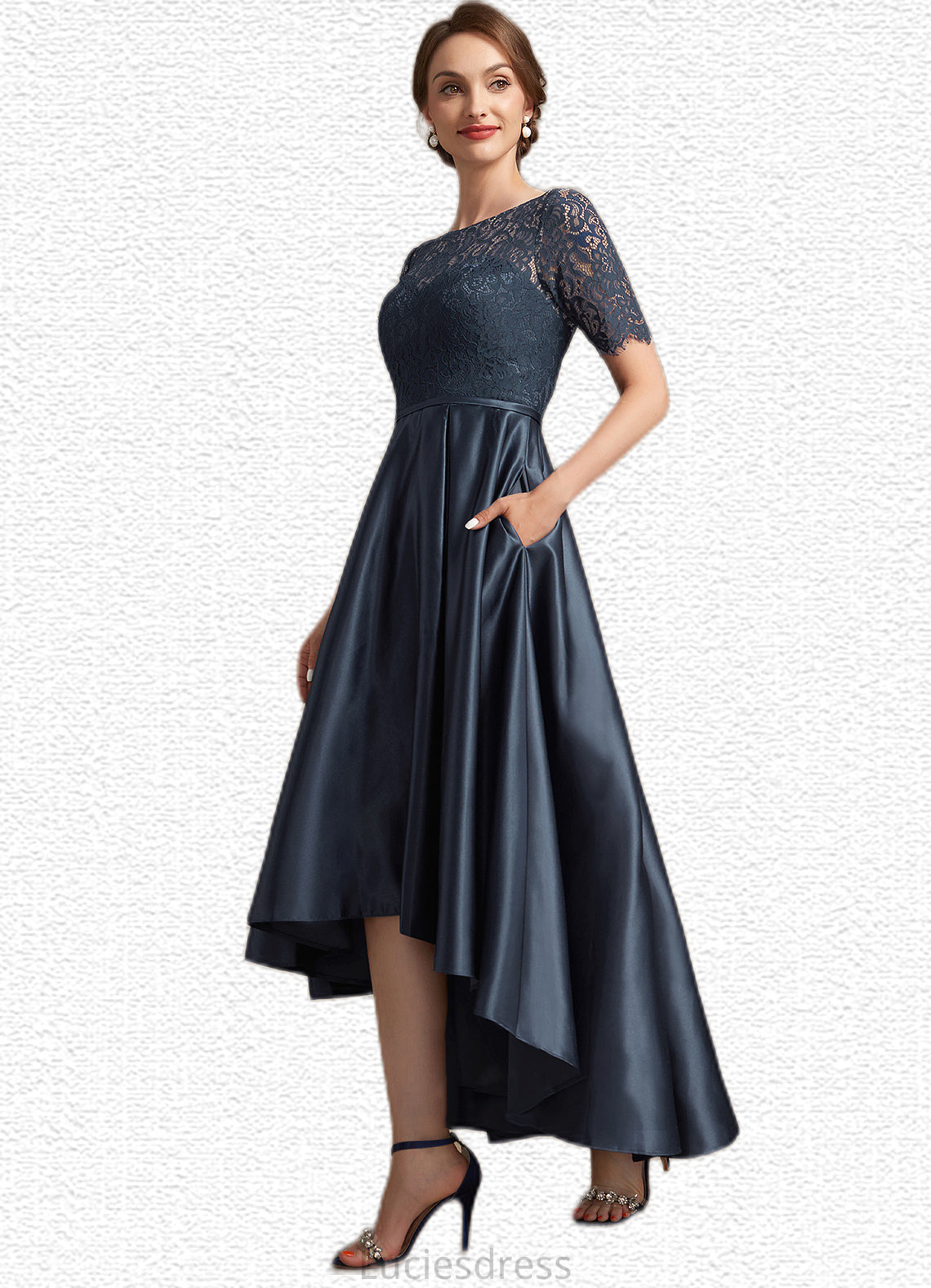 Simone A-Line Scoop Neck Asymmetrical Satin Lace Mother of the Bride Dress HF126P0014647