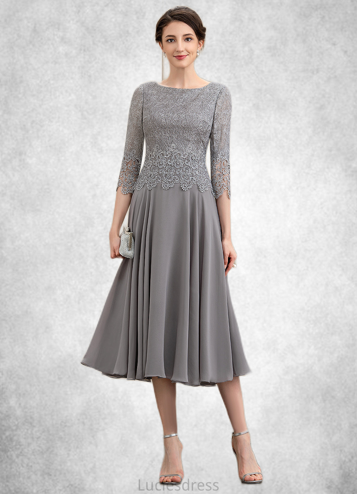 Rosalind A-Line Scoop Neck Tea-Length Chiffon Lace Mother of the Bride Dress HF126P0014648