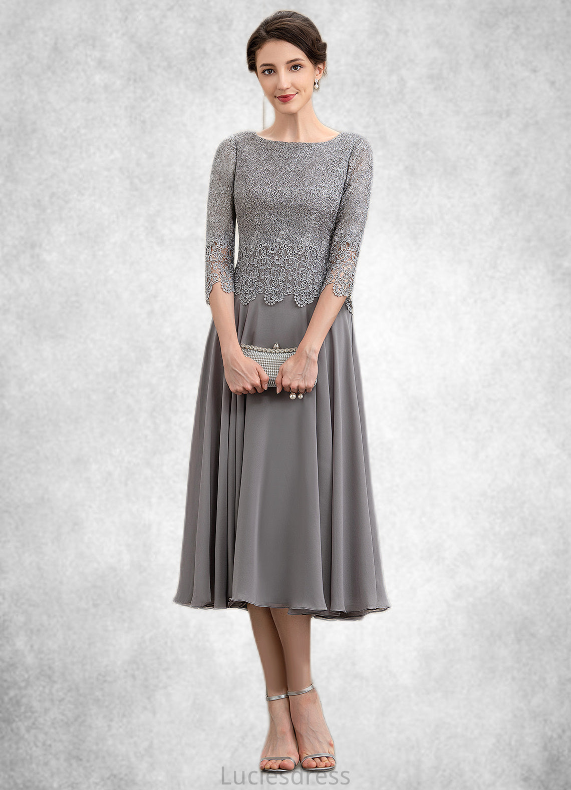 Rosalind A-Line Scoop Neck Tea-Length Chiffon Lace Mother of the Bride Dress HF126P0014648