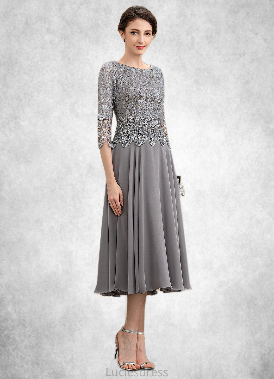 Rosalind A-Line Scoop Neck Tea-Length Chiffon Lace Mother of the Bride Dress HF126P0014648