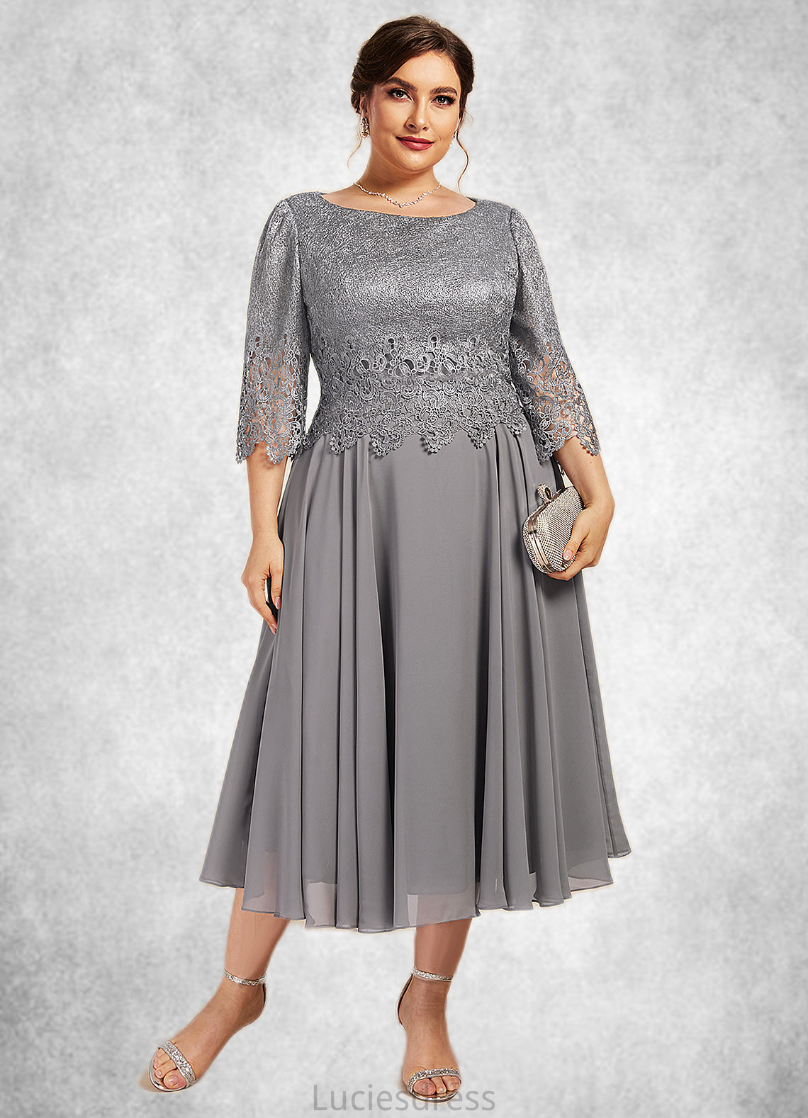 Rosalind A-Line Scoop Neck Tea-Length Chiffon Lace Mother of the Bride Dress HF126P0014648