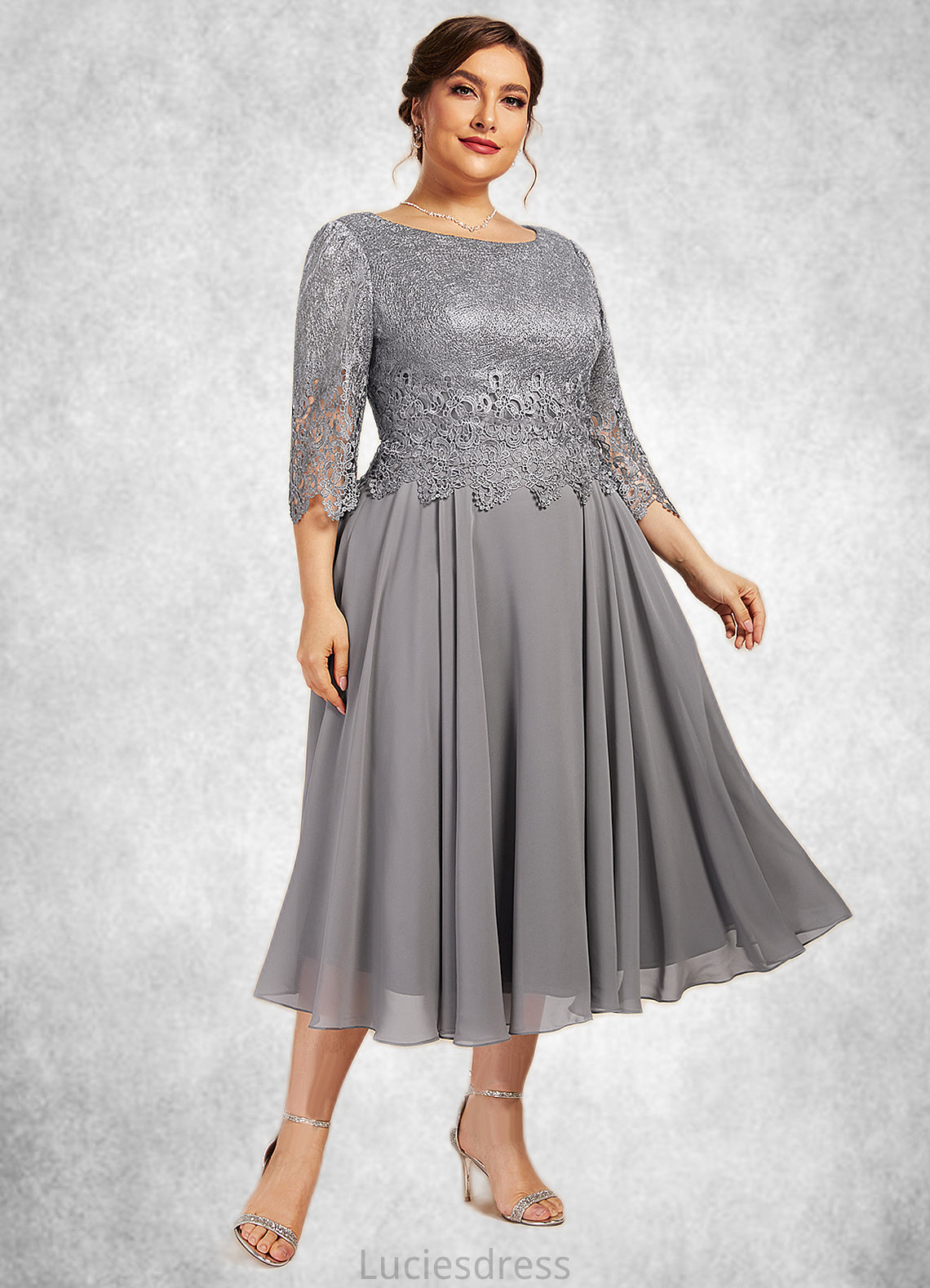 Rosalind A-Line Scoop Neck Tea-Length Chiffon Lace Mother of the Bride Dress HF126P0014648