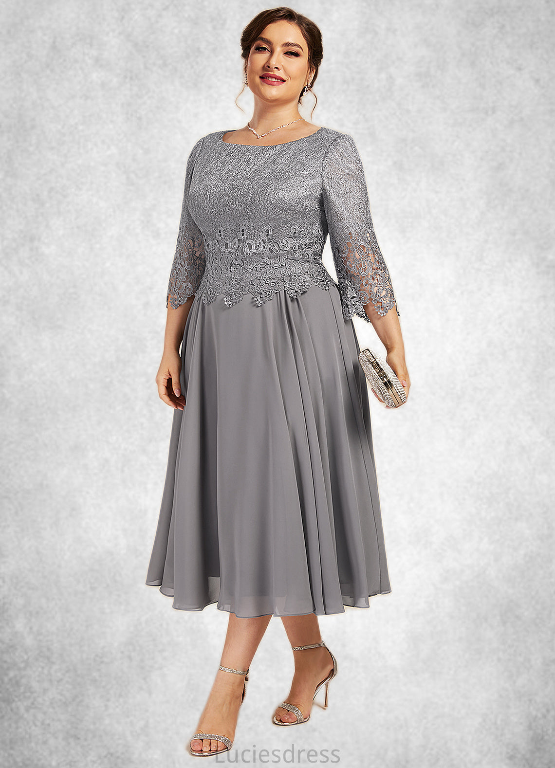 Rosalind A-Line Scoop Neck Tea-Length Chiffon Lace Mother of the Bride Dress HF126P0014648