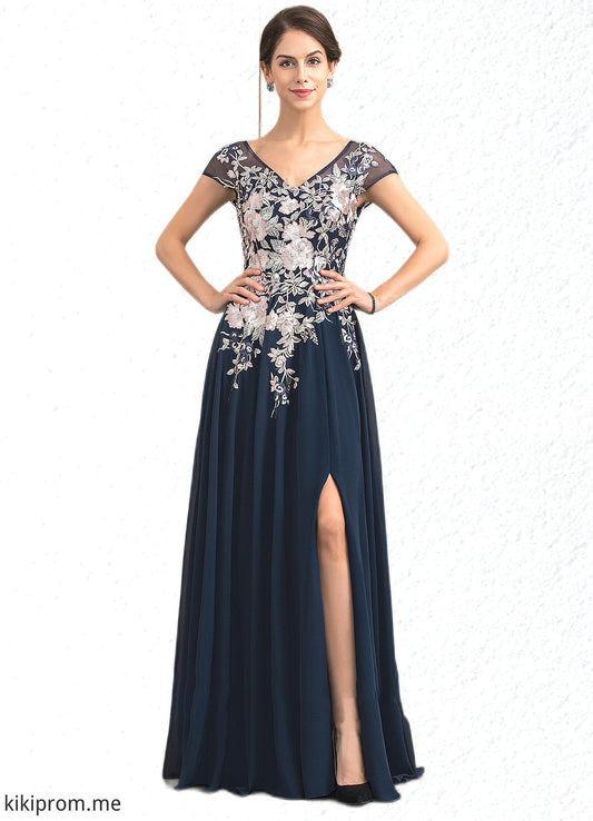 Annabelle A-Line V-neck Floor-Length Chiffon Lace Mother of the Bride Dress With Split Front STF126P0014649