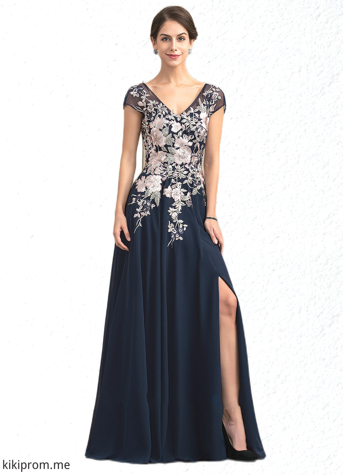 Annabelle A-Line V-neck Floor-Length Chiffon Lace Mother of the Bride Dress With Split Front STF126P0014649