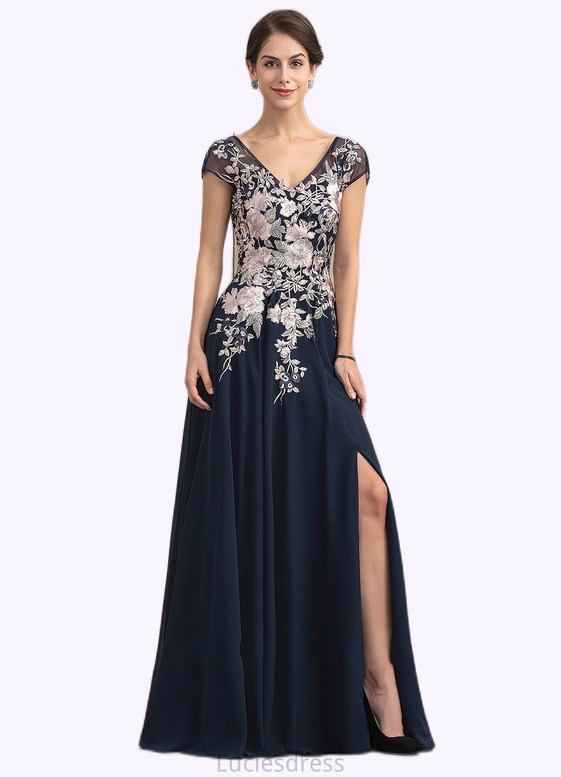 Tina A-Line V-neck Floor-Length Chiffon Lace Mother of the Bride Dress With Split Front HF126P0014649