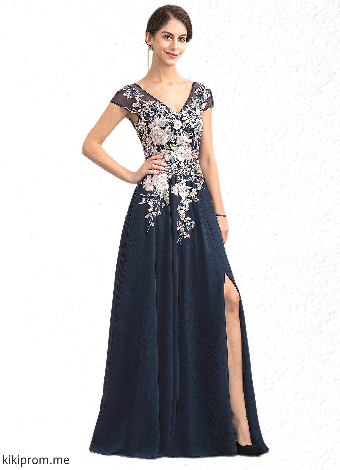 Annabelle A-Line V-neck Floor-Length Chiffon Lace Mother of the Bride Dress With Split Front STF126P0014649