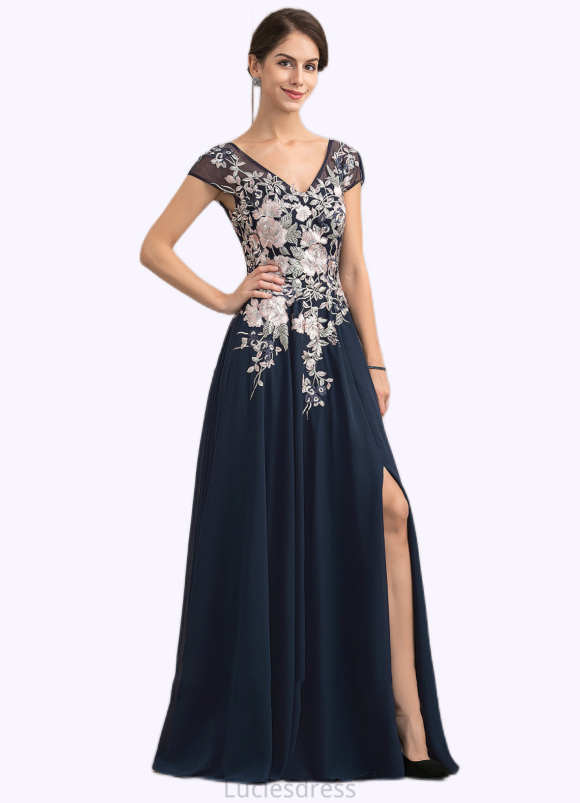 Tina A-Line V-neck Floor-Length Chiffon Lace Mother of the Bride Dress With Split Front HF126P0014649