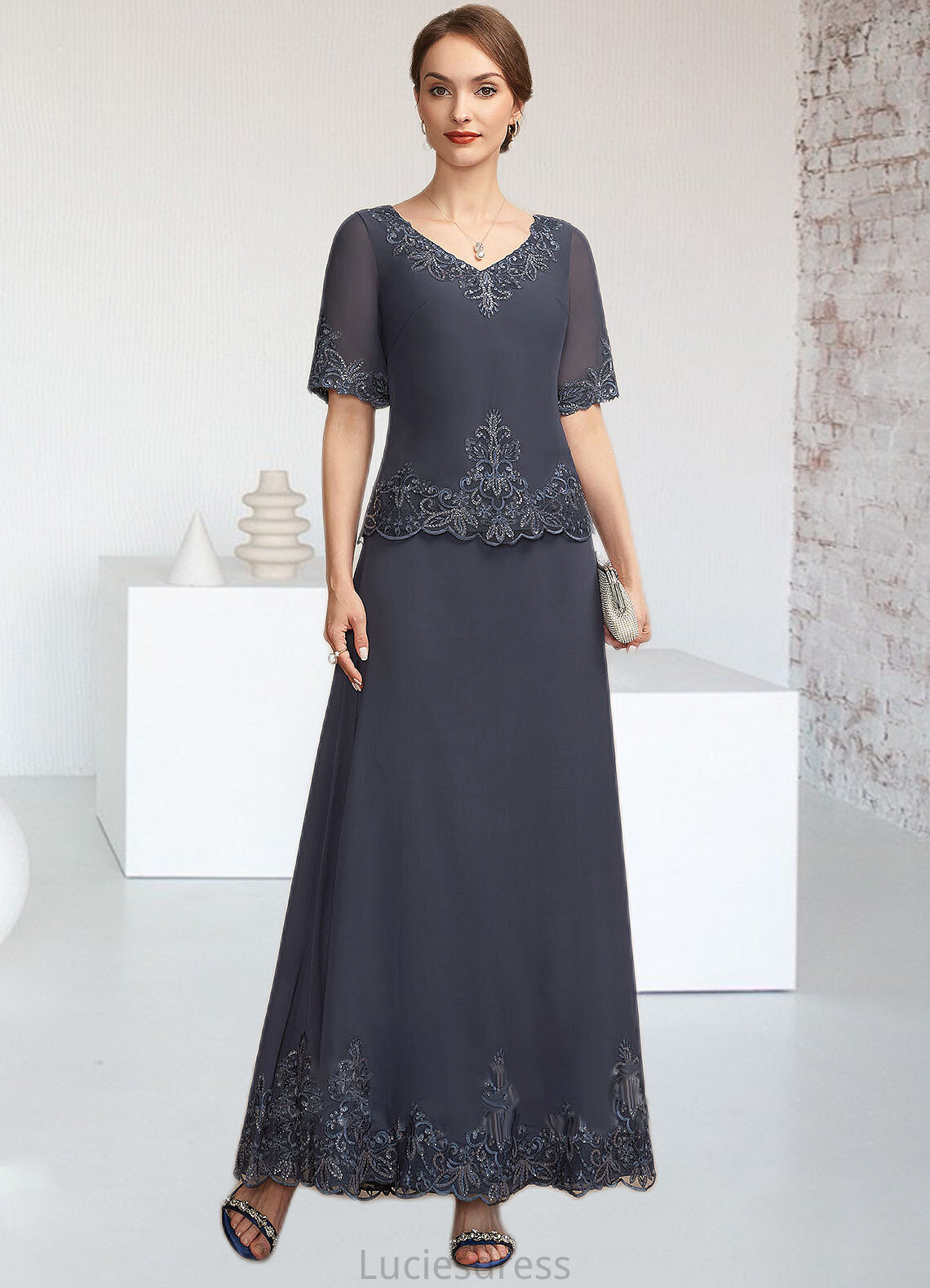 Sanai A-Line V-neck Ankle-Length Chiffon Lace Mother of the Bride Dress With Sequins HF126P0014650