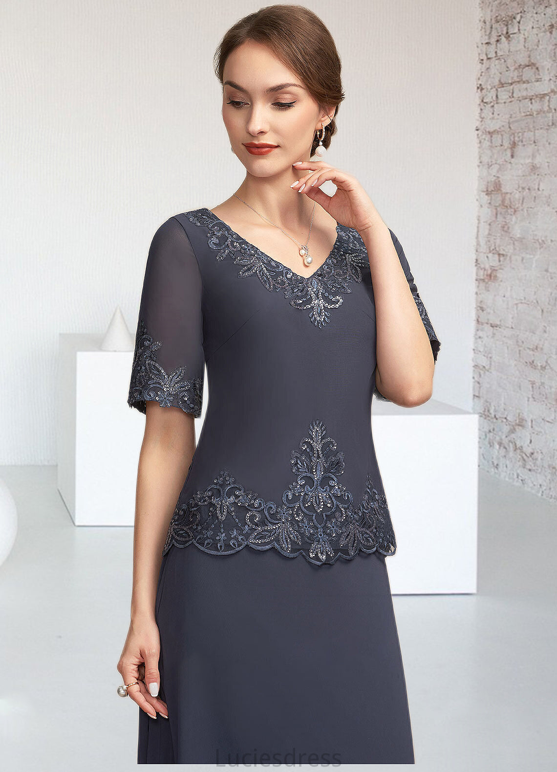 Sanai A-Line V-neck Ankle-Length Chiffon Lace Mother of the Bride Dress With Sequins HF126P0014650