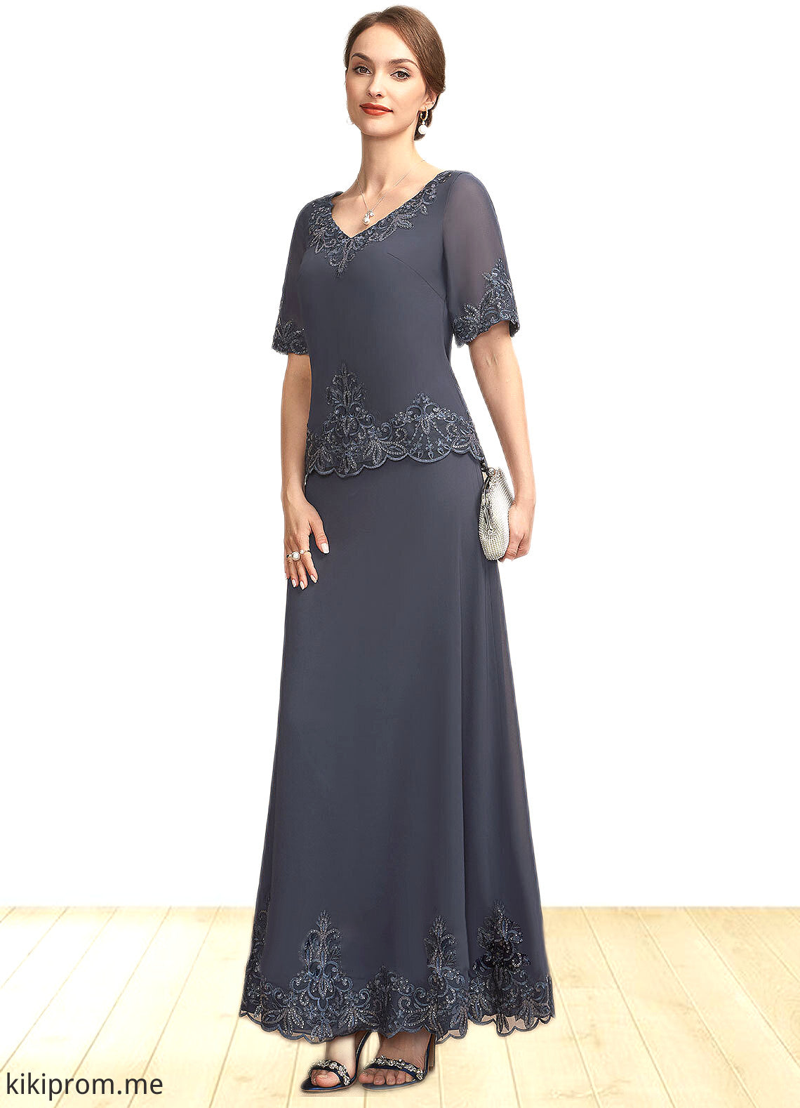 Mackenzie A-Line V-neck Ankle-Length Chiffon Lace Mother of the Bride Dress With Sequins STF126P0014650