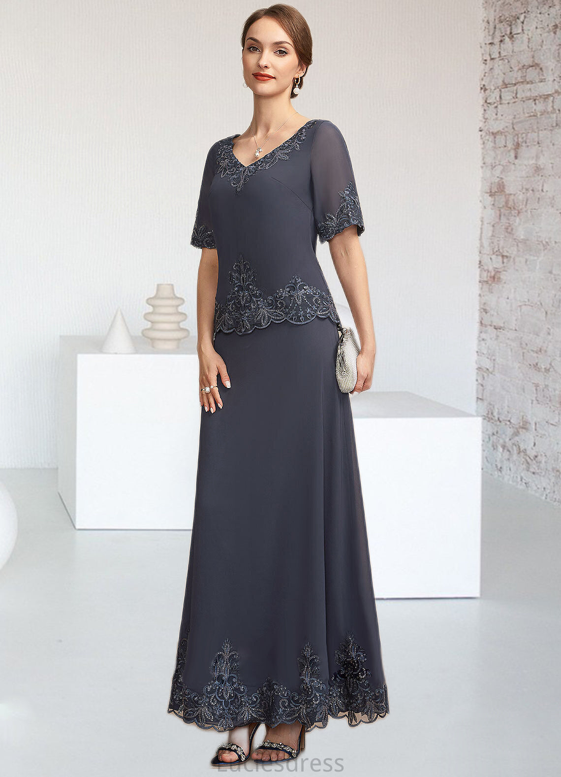 Sanai A-Line V-neck Ankle-Length Chiffon Lace Mother of the Bride Dress With Sequins HF126P0014650