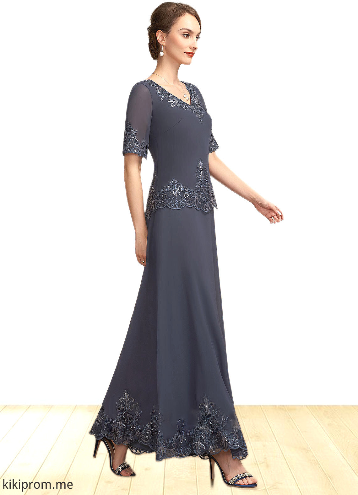 Mackenzie A-Line V-neck Ankle-Length Chiffon Lace Mother of the Bride Dress With Sequins STF126P0014650