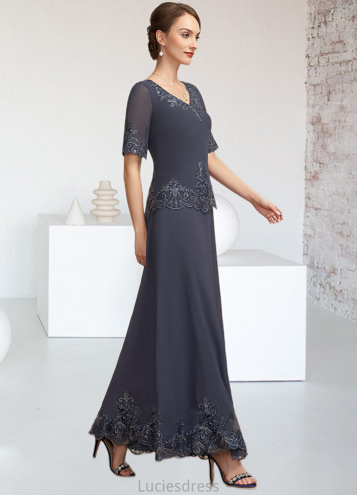 Sanai A-Line V-neck Ankle-Length Chiffon Lace Mother of the Bride Dress With Sequins HF126P0014650