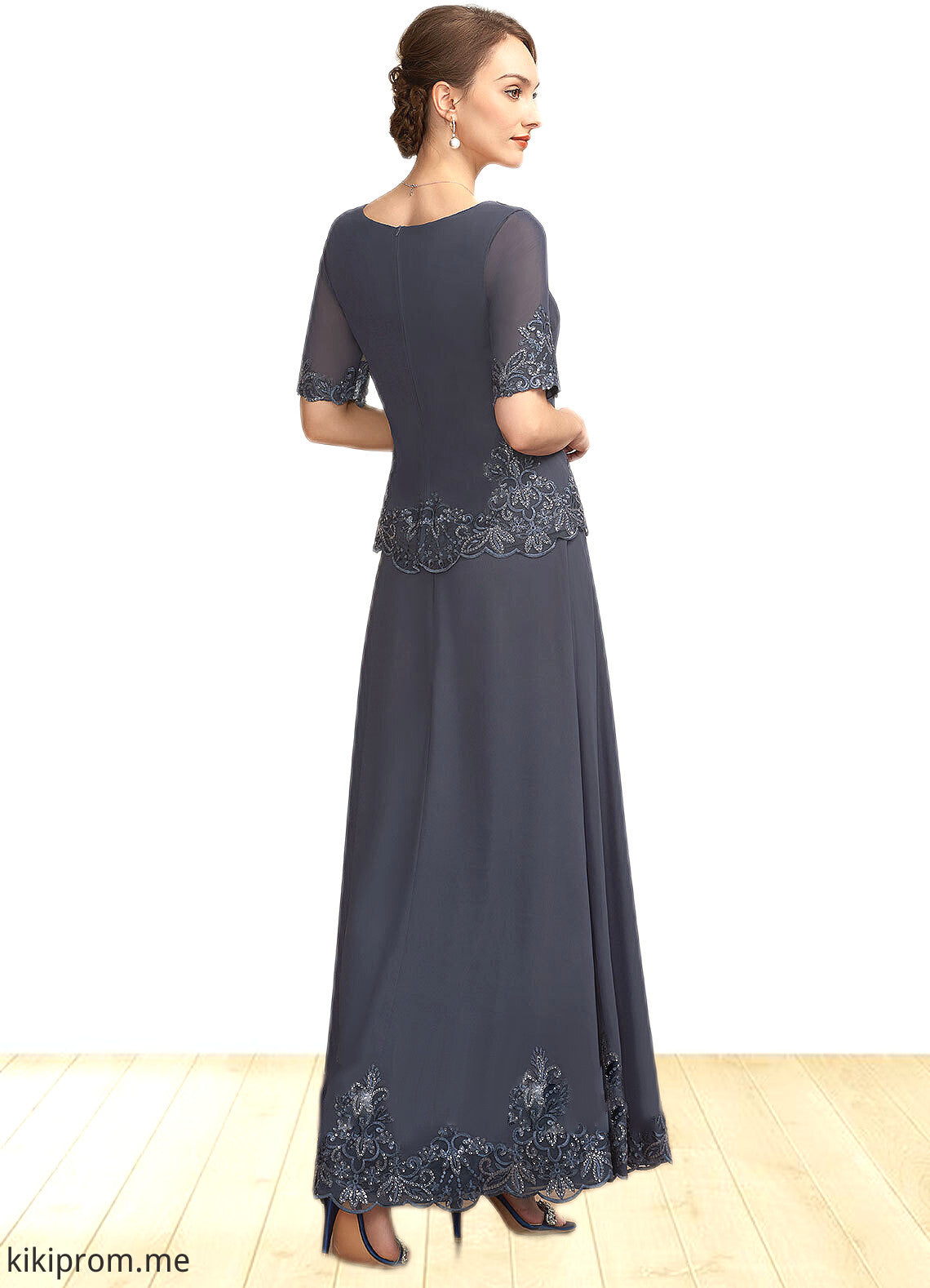 Mackenzie A-Line V-neck Ankle-Length Chiffon Lace Mother of the Bride Dress With Sequins STF126P0014650