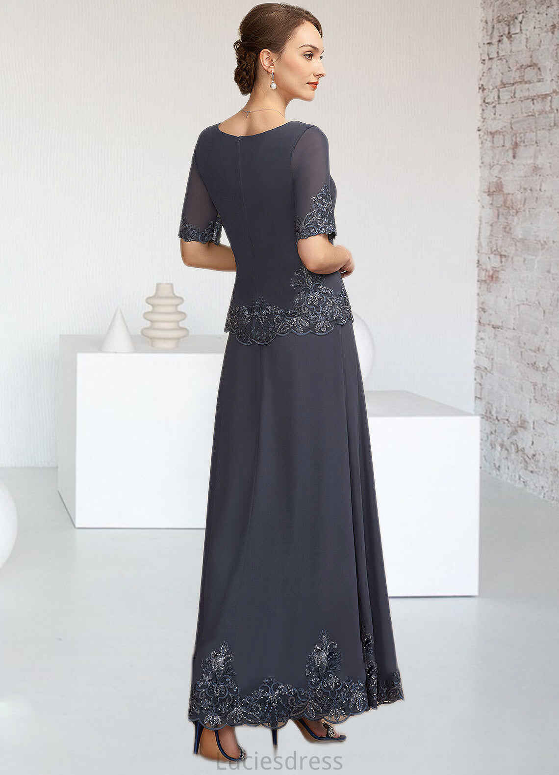 Sanai A-Line V-neck Ankle-Length Chiffon Lace Mother of the Bride Dress With Sequins HF126P0014650