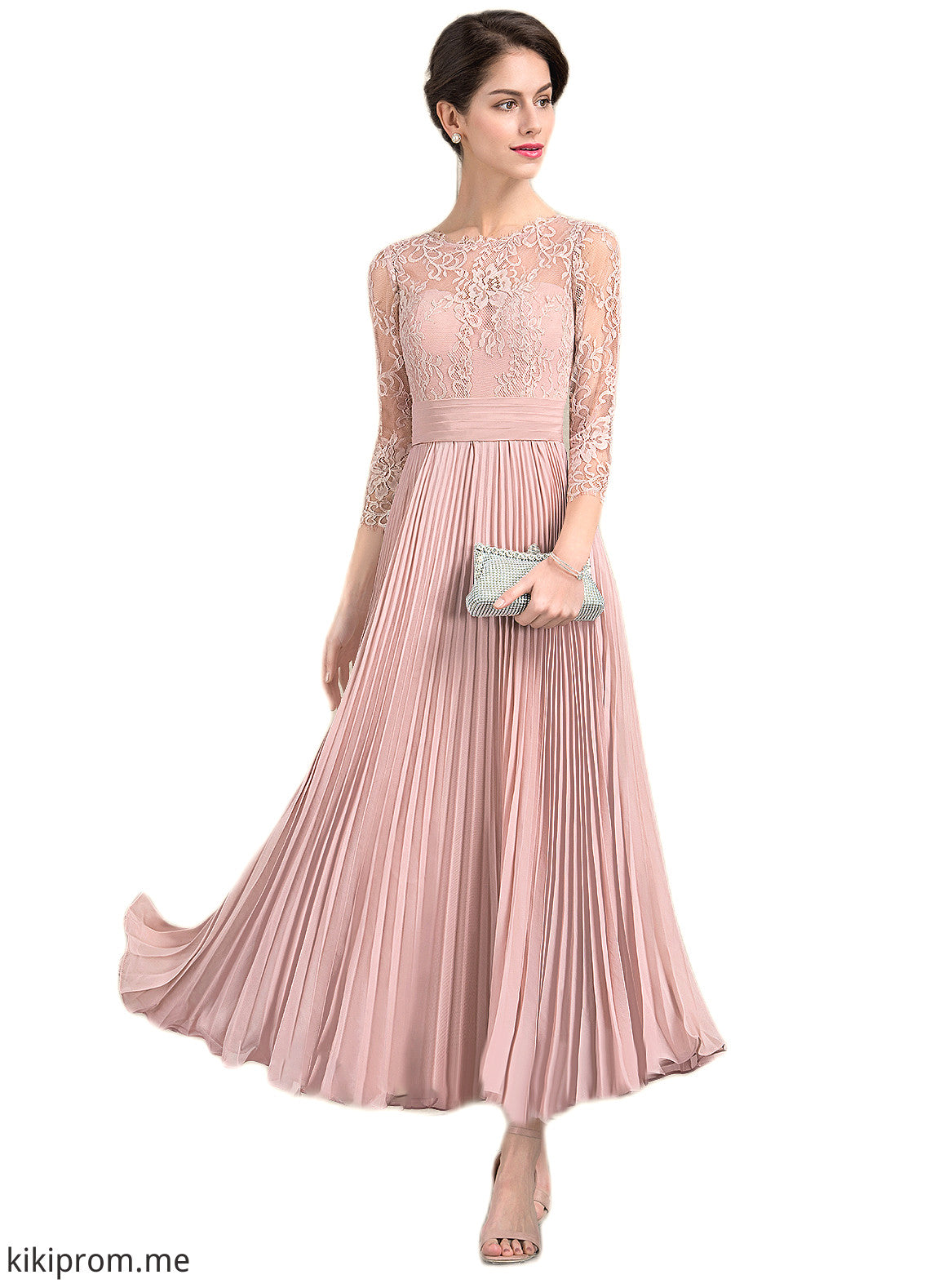 Skylar A-Line Scoop Neck Ankle-Length Chiffon Lace Mother of the Bride Dress With Pleated STF126P0014651