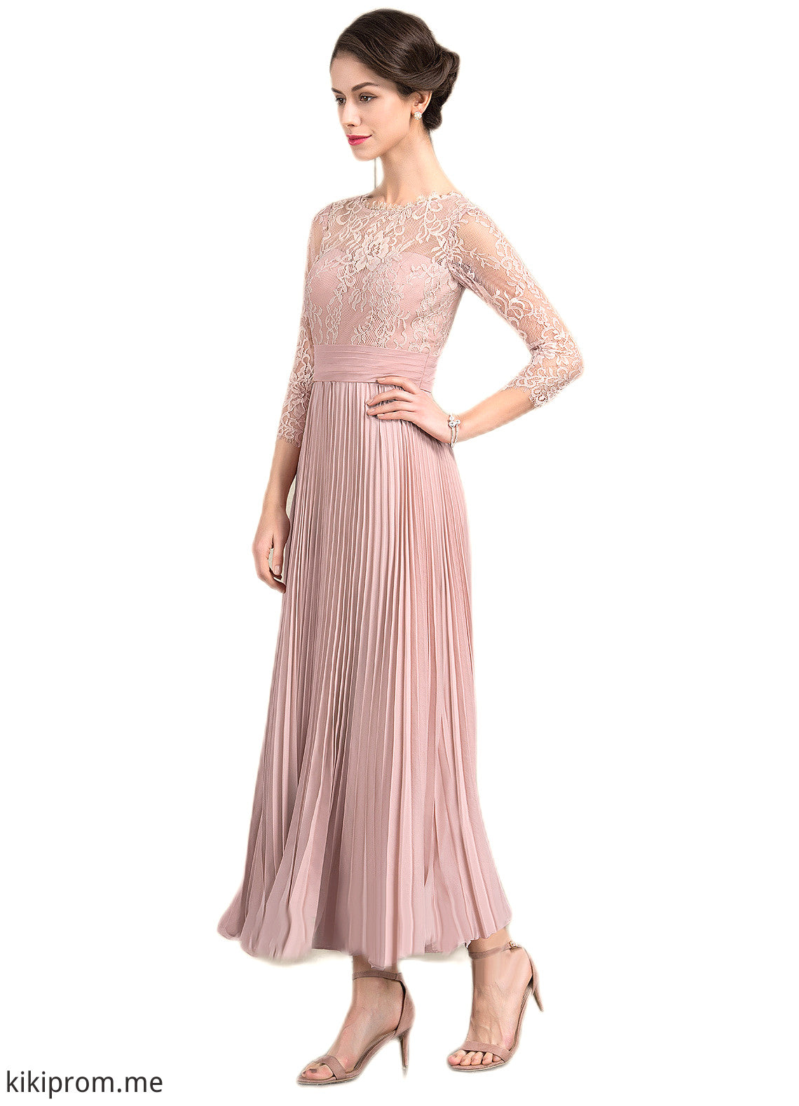 Skylar A-Line Scoop Neck Ankle-Length Chiffon Lace Mother of the Bride Dress With Pleated STF126P0014651