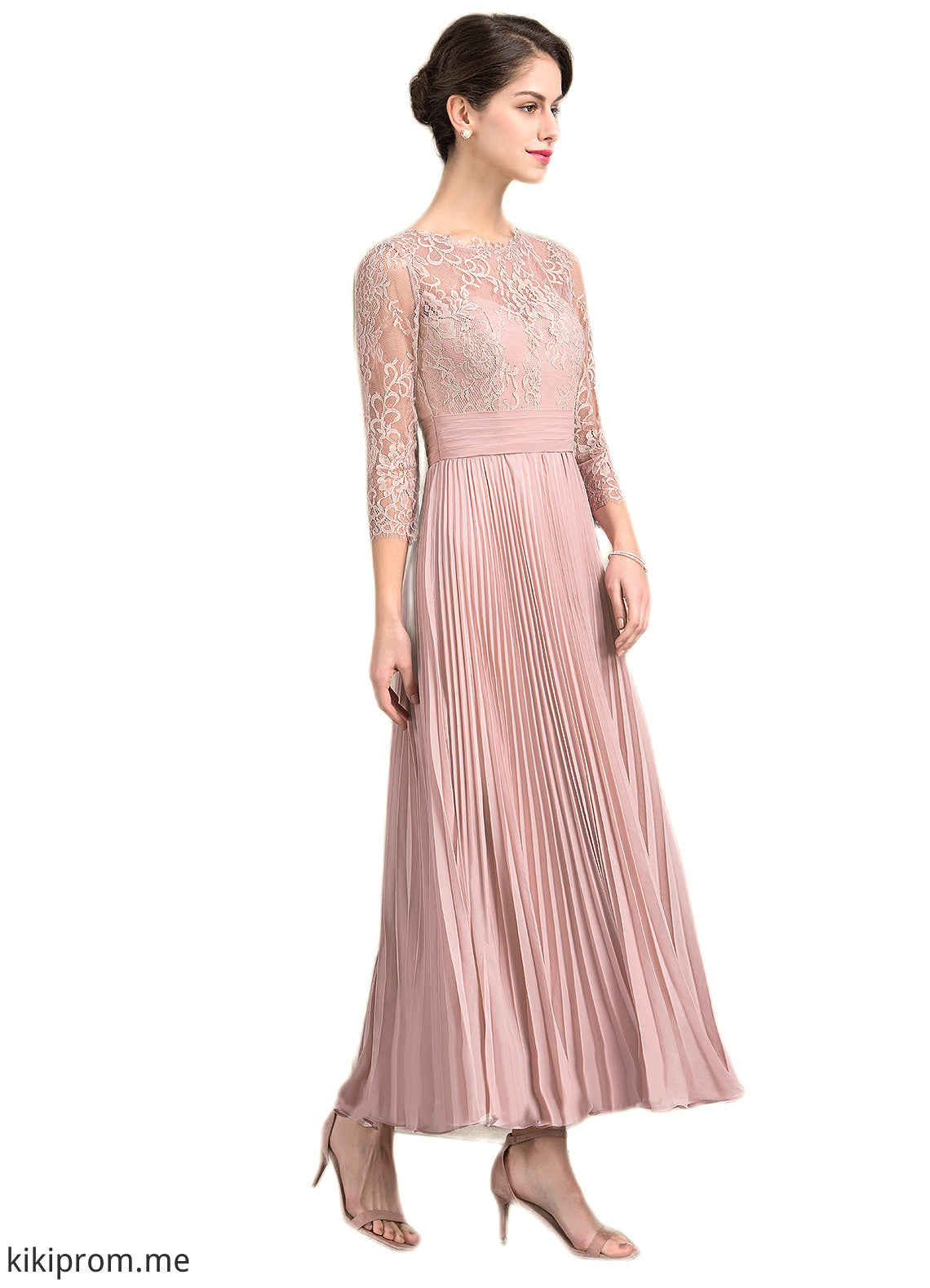 Skylar A-Line Scoop Neck Ankle-Length Chiffon Lace Mother of the Bride Dress With Pleated STF126P0014651