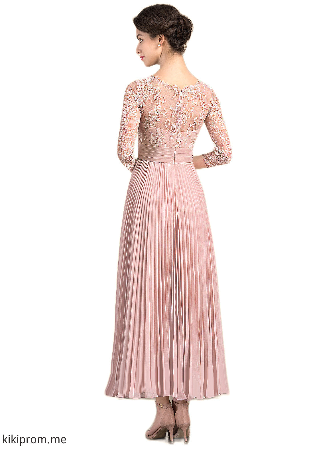 Skylar A-Line Scoop Neck Ankle-Length Chiffon Lace Mother of the Bride Dress With Pleated STF126P0014651