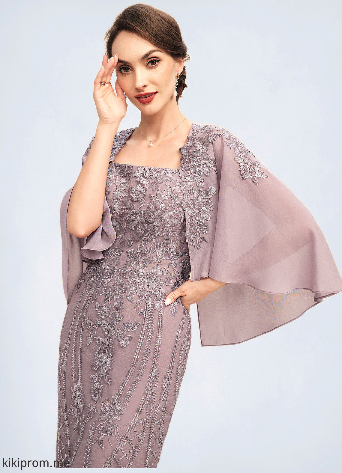 Norma Sheath/Column Square Neckline Knee-Length Chiffon Lace Mother of the Bride Dress With Sequins STF126P0014653