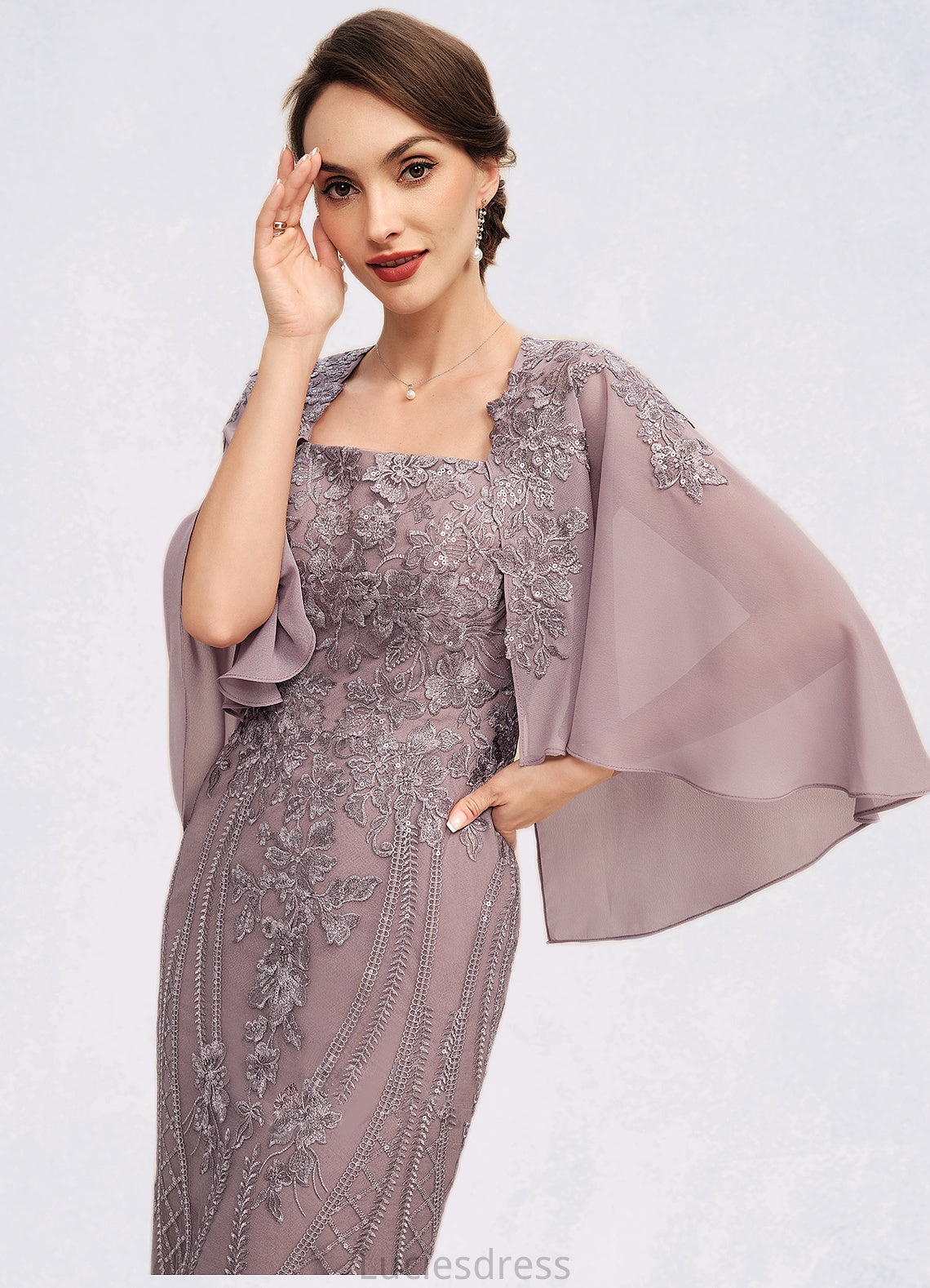 Victoria Sheath/Column Square Neckline Knee-Length Chiffon Lace Mother of the Bride Dress With Sequins HF126P0014653