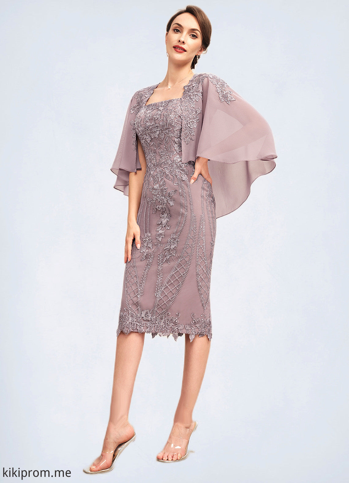 Norma Sheath/Column Square Neckline Knee-Length Chiffon Lace Mother of the Bride Dress With Sequins STF126P0014653