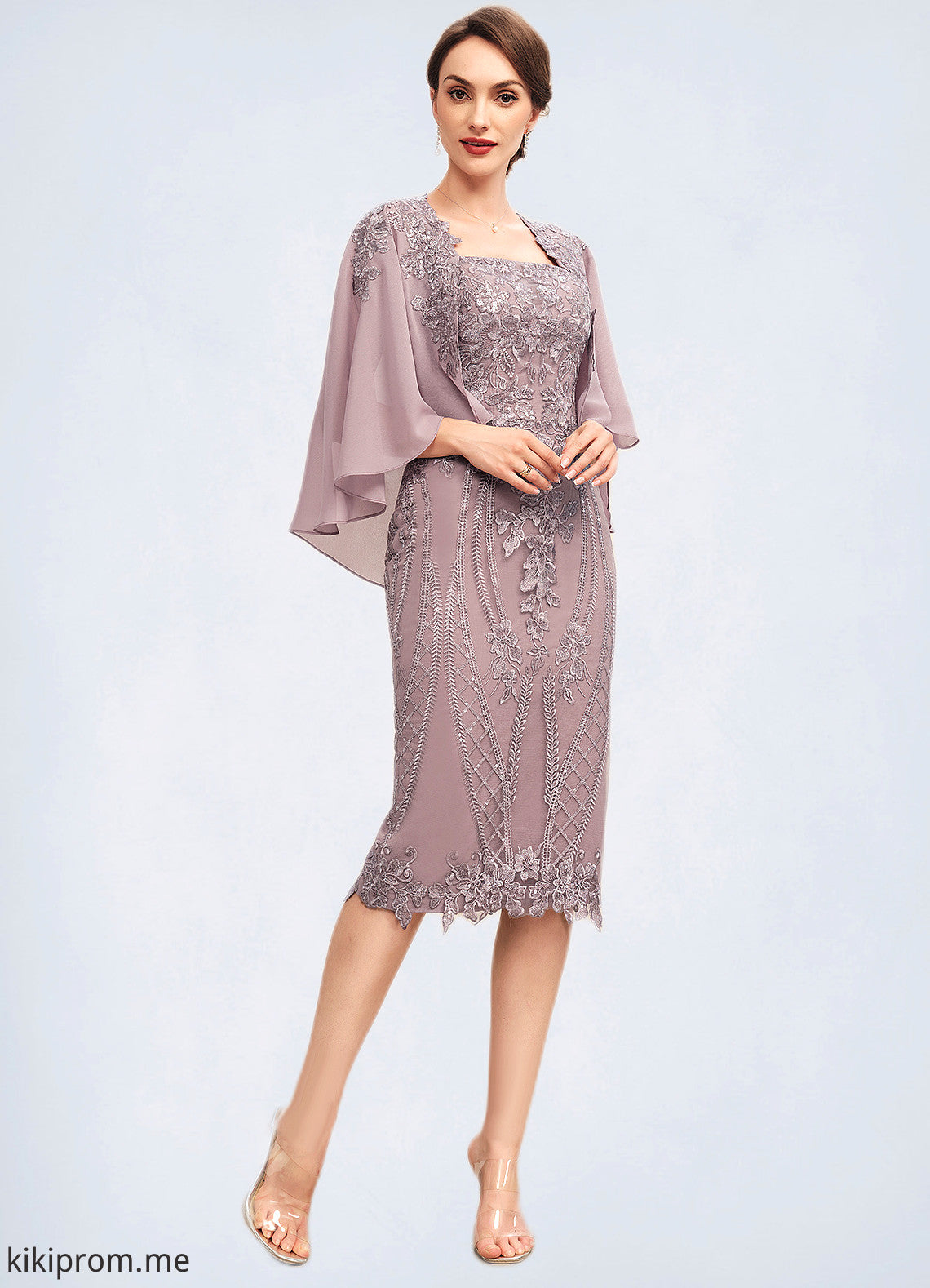 Norma Sheath/Column Square Neckline Knee-Length Chiffon Lace Mother of the Bride Dress With Sequins STF126P0014653