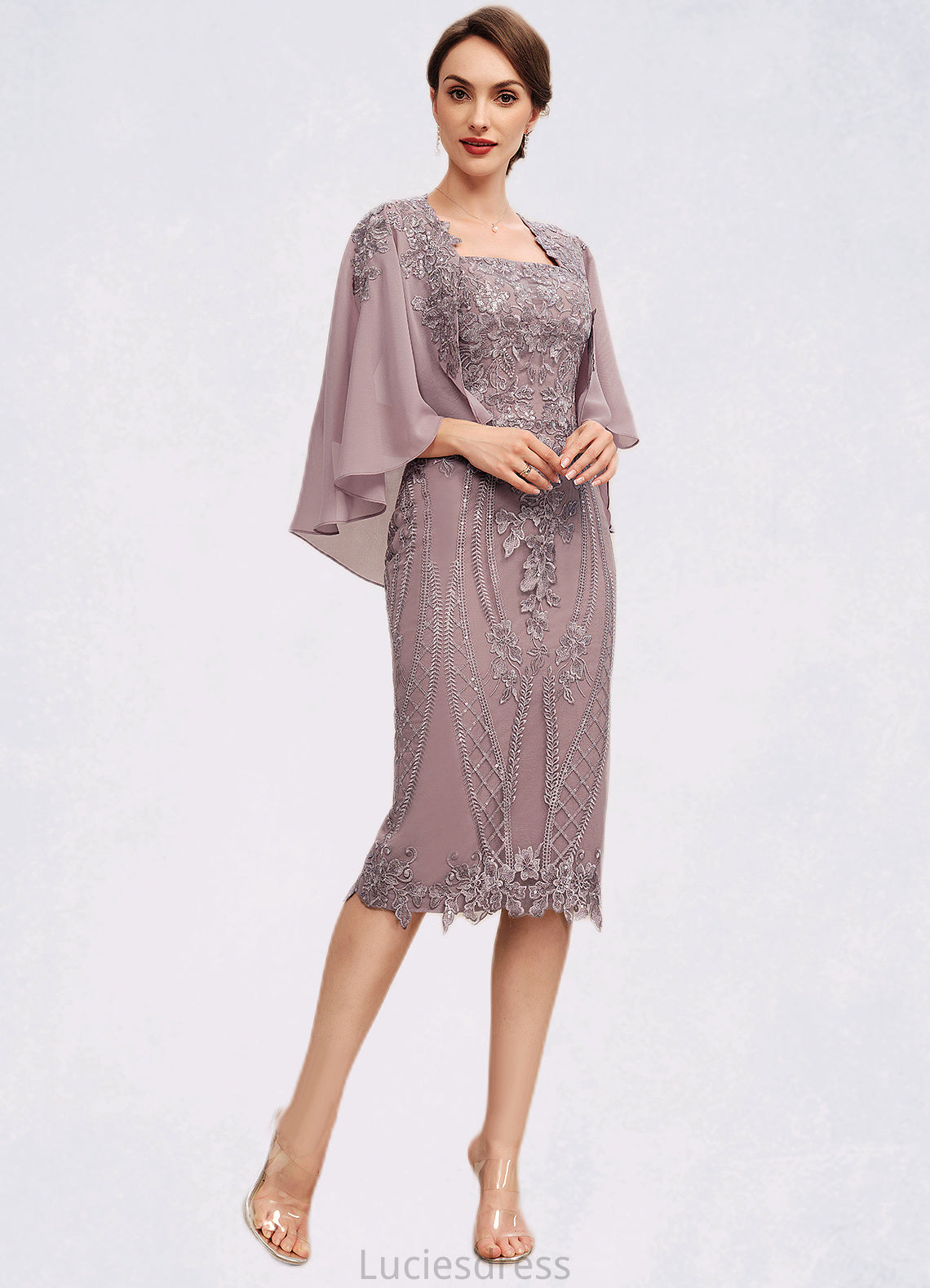 Victoria Sheath/Column Square Neckline Knee-Length Chiffon Lace Mother of the Bride Dress With Sequins HF126P0014653