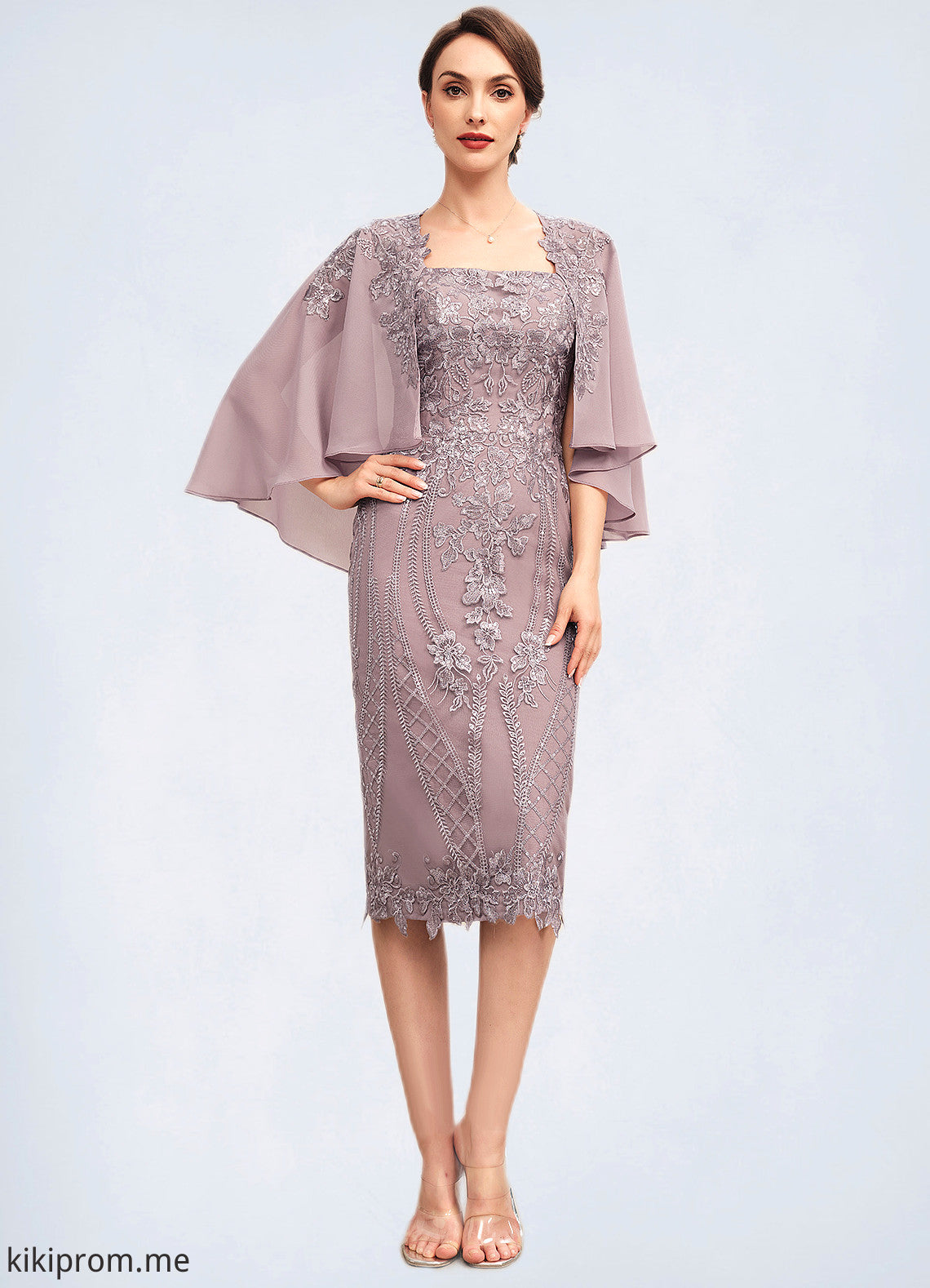 Norma Sheath/Column Square Neckline Knee-Length Chiffon Lace Mother of the Bride Dress With Sequins STF126P0014653