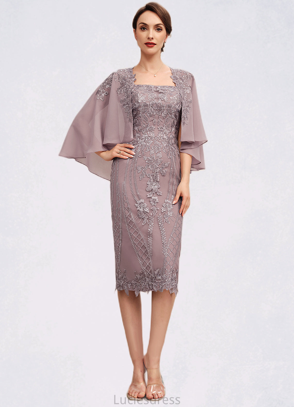 Victoria Sheath/Column Square Neckline Knee-Length Chiffon Lace Mother of the Bride Dress With Sequins HF126P0014653