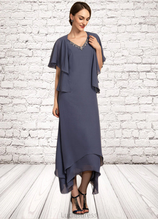 Mignon A-line V-Neck Ankle-Length Chiffon Mother of the Bride Dress With Beading HF126P0014655