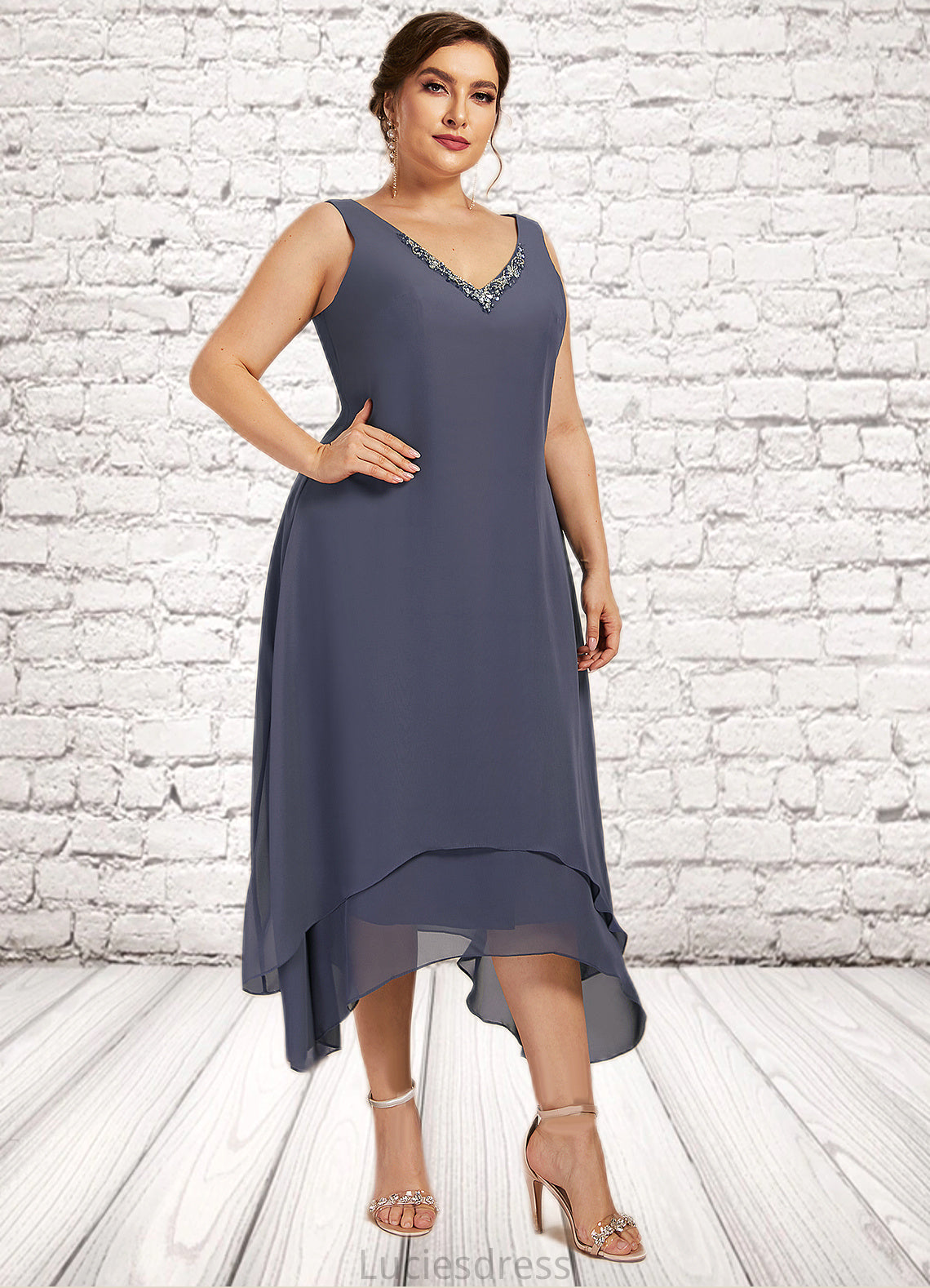 Mignon A-line V-Neck Ankle-Length Chiffon Mother of the Bride Dress With Beading HF126P0014655