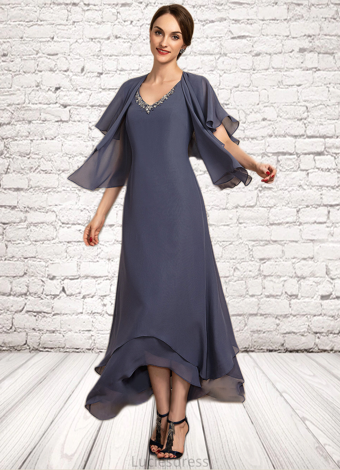 Mignon A-line V-Neck Ankle-Length Chiffon Mother of the Bride Dress With Beading HF126P0014655