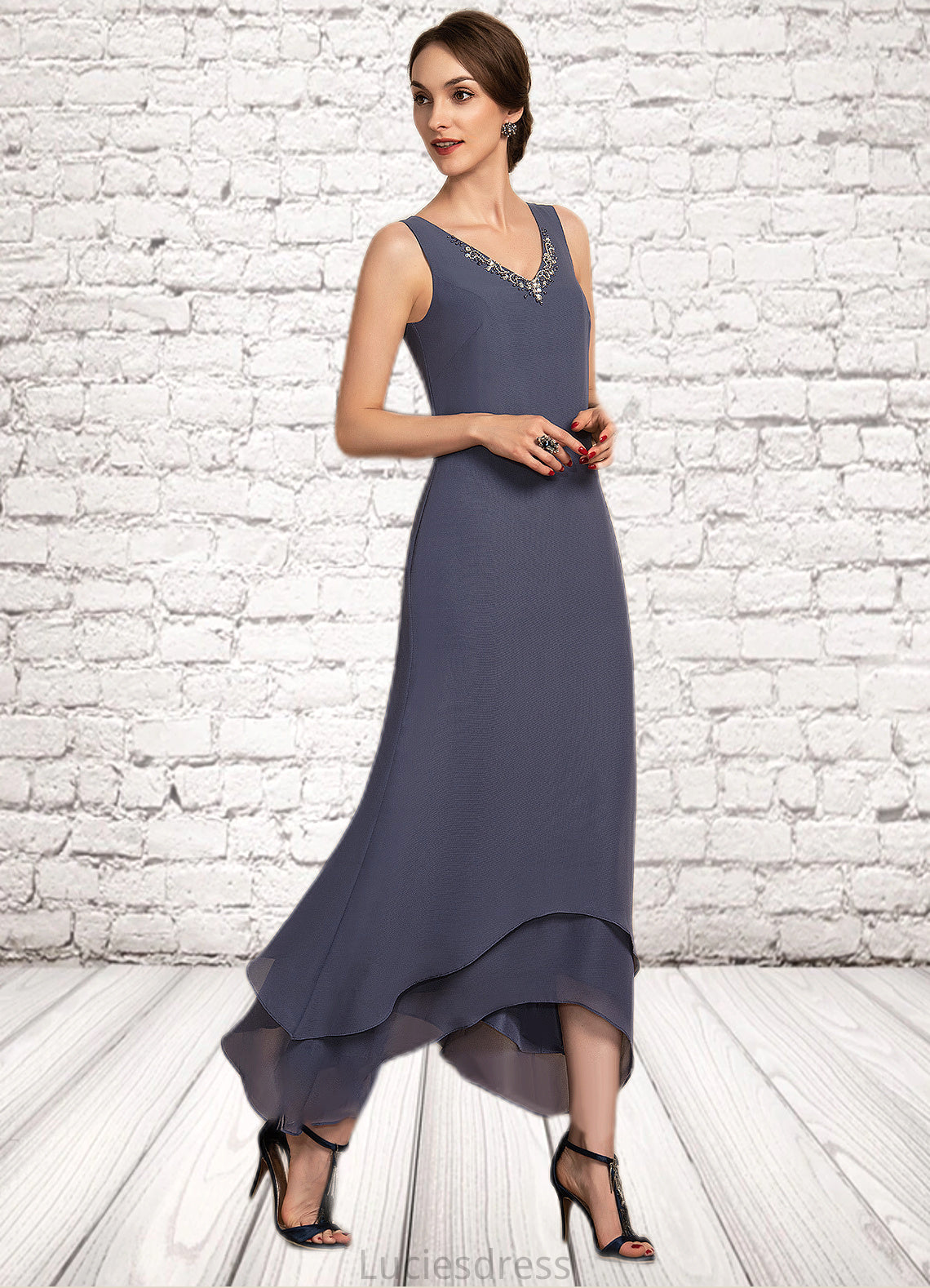 Mignon A-line V-Neck Ankle-Length Chiffon Mother of the Bride Dress With Beading HF126P0014655