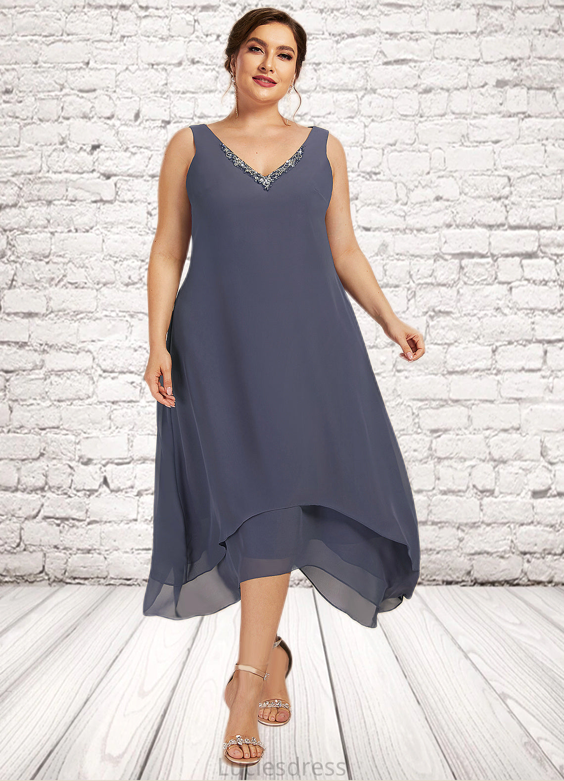 Mignon A-line V-Neck Ankle-Length Chiffon Mother of the Bride Dress With Beading HF126P0014655