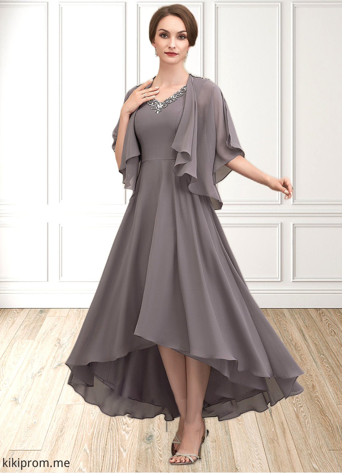 Lilia A-line V-Neck Asymmetrical Chiffon Mother of the Bride Dress With Beading Sequins STF126P0014656