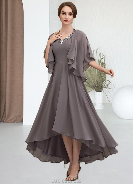 Millicent A-line V-Neck Asymmetrical Chiffon Mother of the Bride Dress With Beading Sequins HF126P0014656