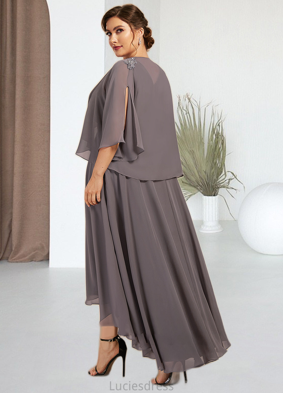 Millicent A-line V-Neck Asymmetrical Chiffon Mother of the Bride Dress With Beading Sequins HF126P0014656