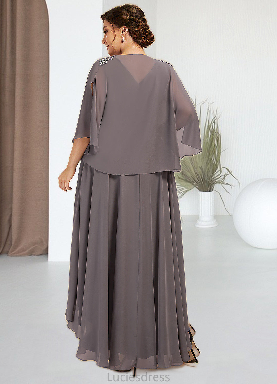 Millicent A-line V-Neck Asymmetrical Chiffon Mother of the Bride Dress With Beading Sequins HF126P0014656